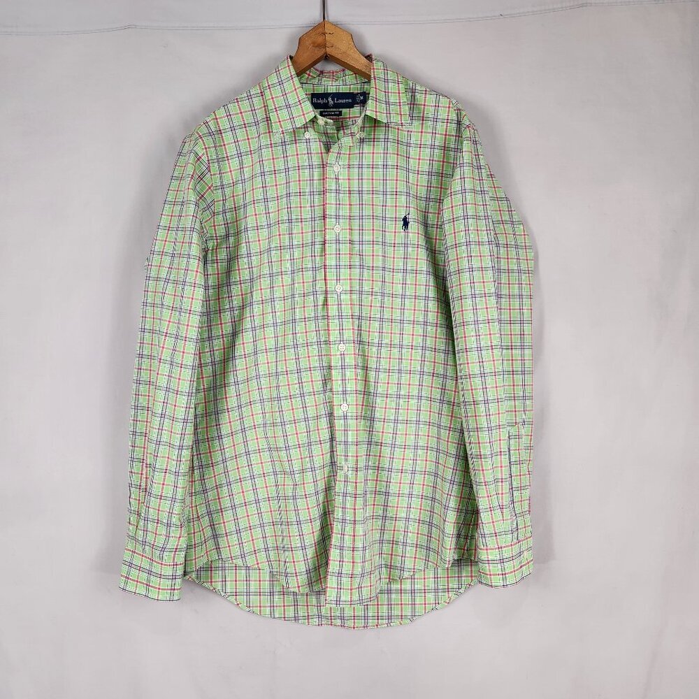 Ralph Lauren Custom Fit Button Down Shirt Men' M Green Pink Plaid Classic Preppy